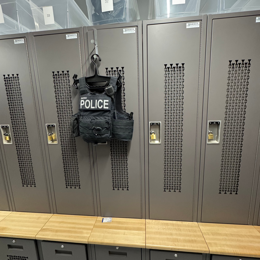 Dasco constable lockers with police tactical vest and equipment